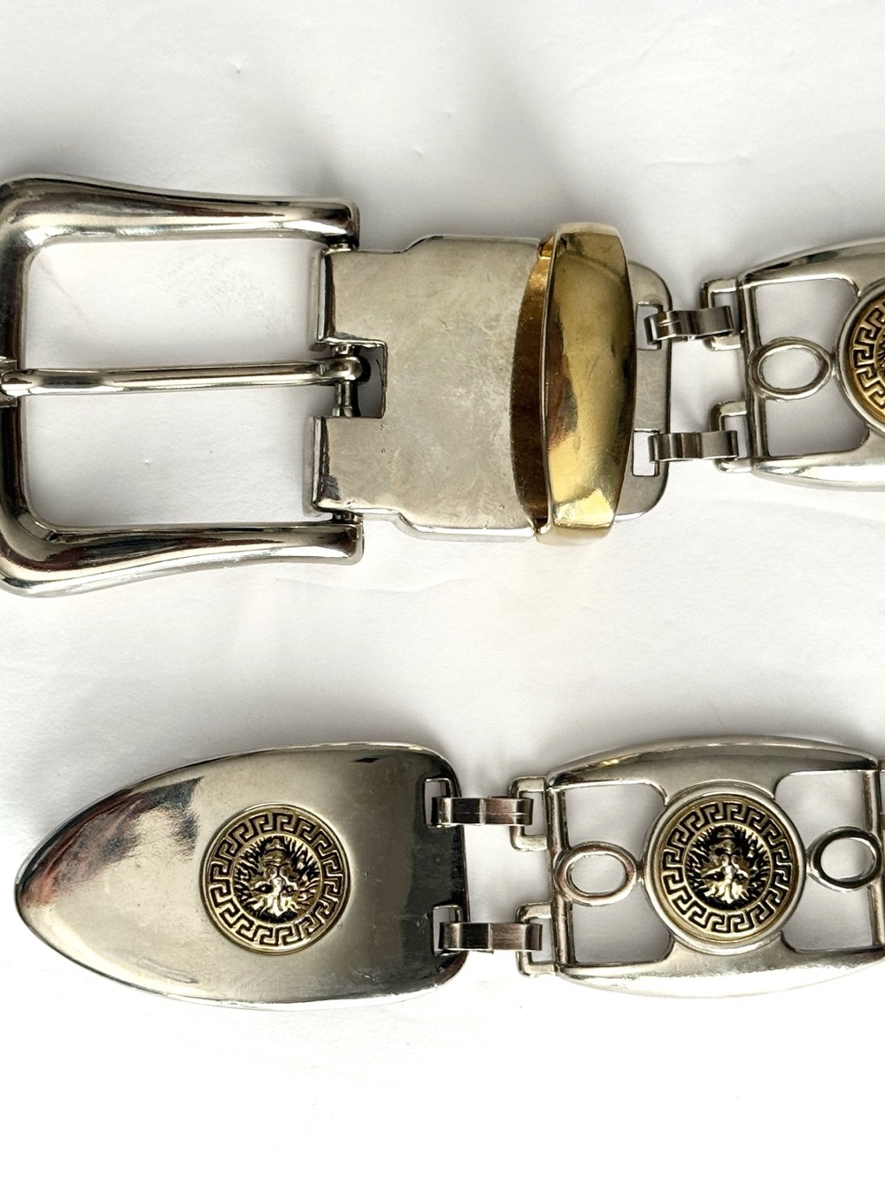 Vintage Belt Mens Gold & Silver Metal Lion Head Medallions 90s Greek Key Motif